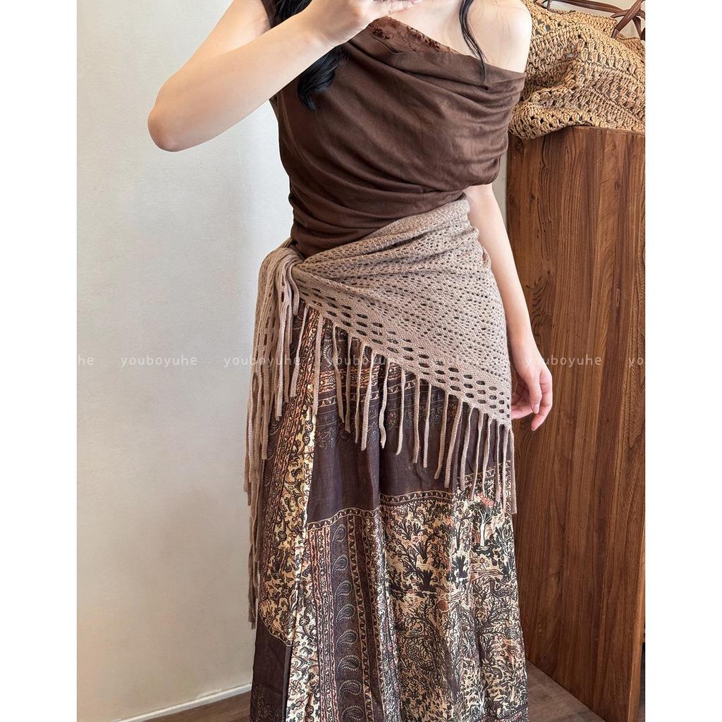 Three-Way Bohemian Bandana Shawl with Tassel Accent for Women