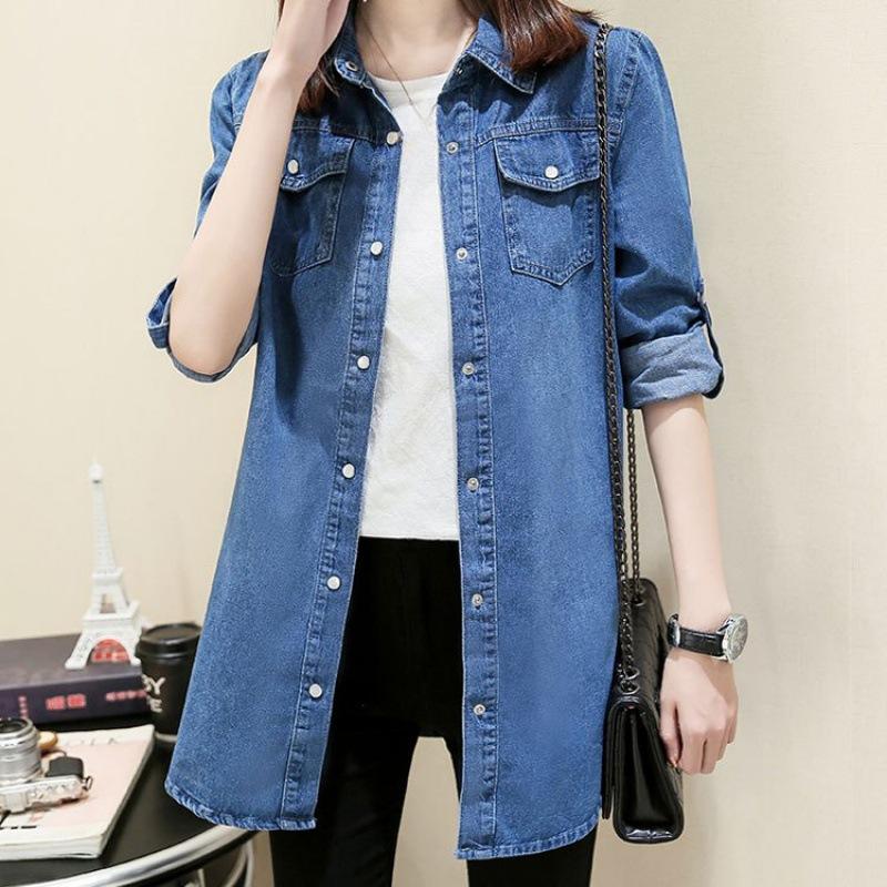 Весенне-осенняя тонкая джинсовая рубашка средней длины, женская рубашка с длинными рукавами и фигурными манжетами, хлопковая джинсовая куртка большого размера