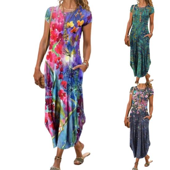 Платье с круглым вырезом, свободное женское женское винтажное платье с цветочным принтом для отпуска