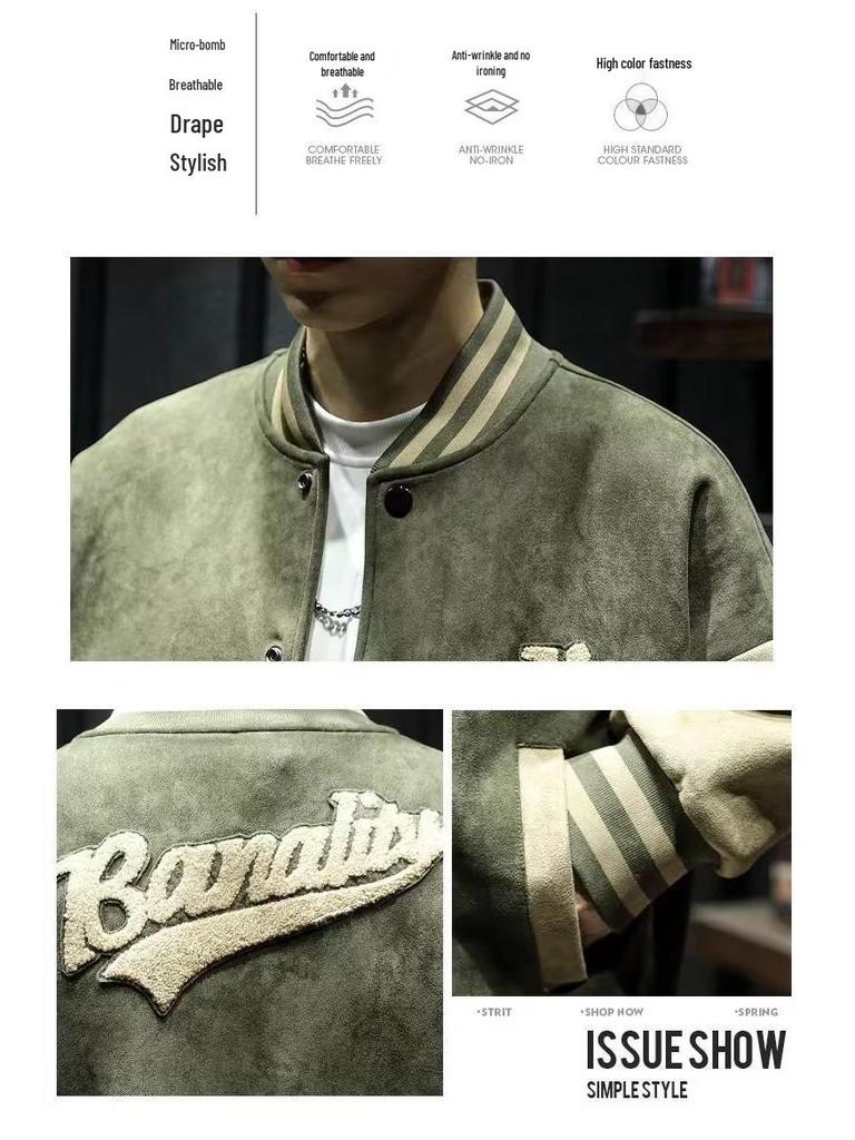 Мужская замшевая вышитая куртка-бомбер в стиле ретро - Весна/Осень