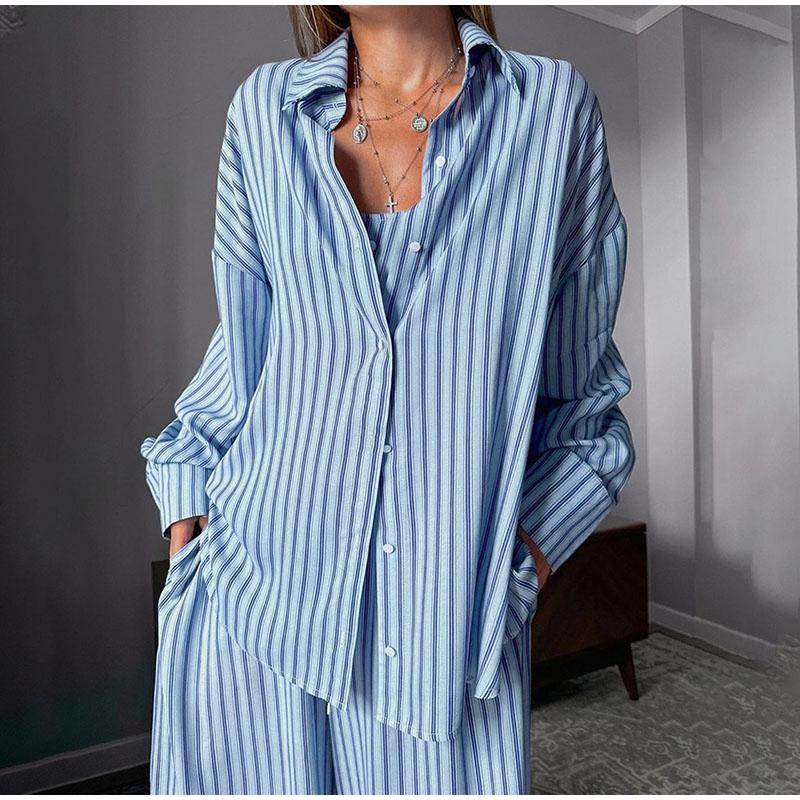 Повседневный комплект женской рубашки с полосатым лацканом, сексуальные брюки-трубы со шнуровкой и высокой талией, весенний модный элегантный женский костюм-майка в стиле пэчворк 2025 года