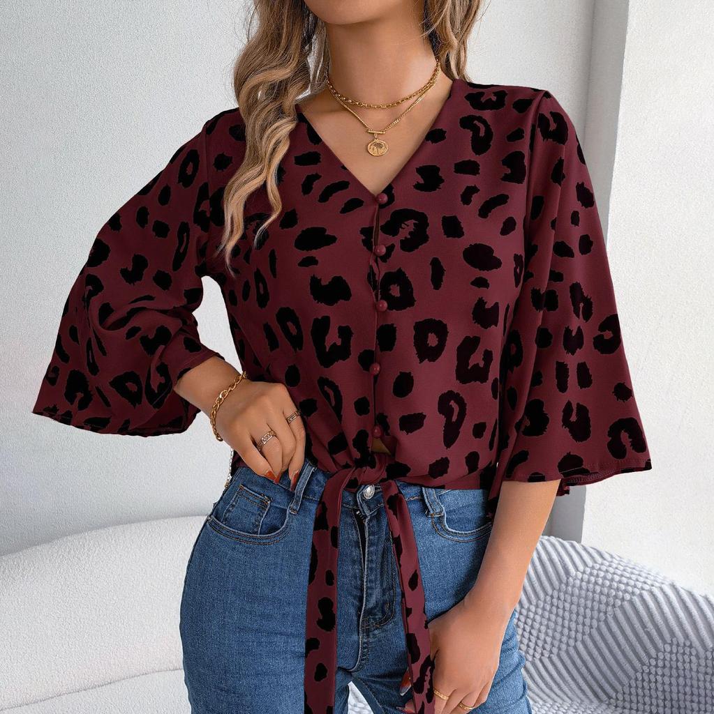 Women Spring Autumn Temperament Leopard Print V-Neck Long Sleeve Shirt Blouses