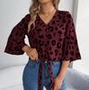 Women Spring Autumn Temperament Leopard Print V-Neck Long Sleeve Shirt Blouses
