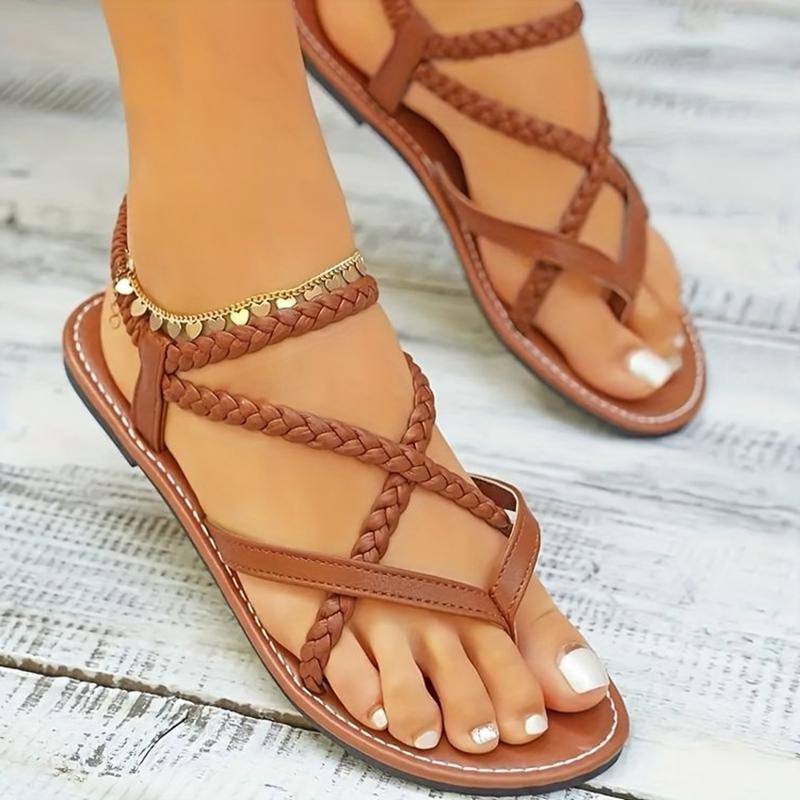 Модные повседневные сандалии на плоской подошве для женщин, женская обувь больших размеров, новый стиль, плетеная резинка для ног, римская пляжная обувь