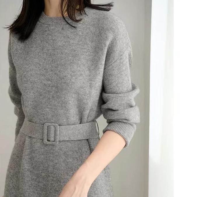 Французское вязаное платье для женщин однотонное повседневное платье-свитер женский осенне-зимний свитер средней длины