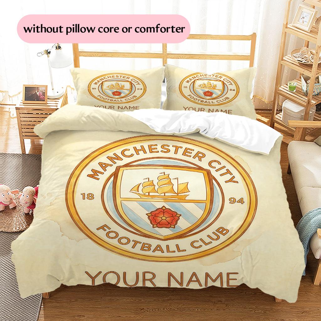 Custom Name Manchester City Pattern Bedding Quilt Set Home Decoration Gift (1 * duvet cover + 2 * pillowcase without core)