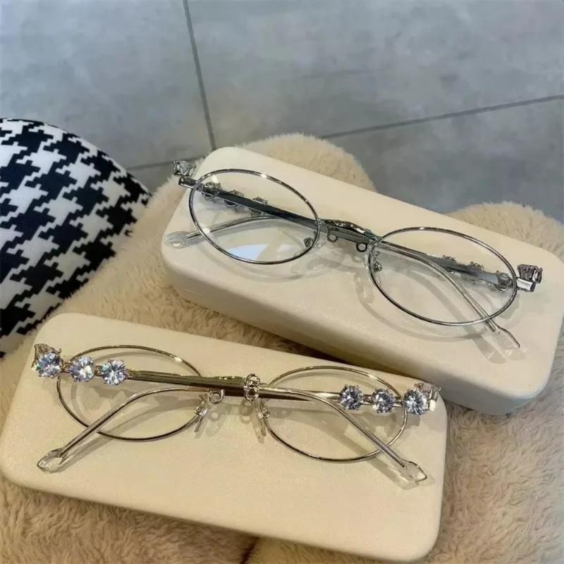 1/2Pcs Punk Oval Shades Rhinestone Glasses Women Men Exaggerated Y2K Retro Eyewear Stainless Steel Oval Metal Frame Eyeglasses