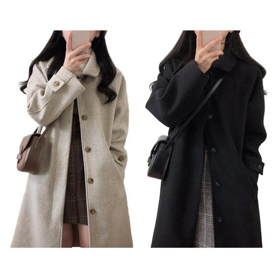 Осень-зима женское пальто с отложным воротником и длинными рукавами, однобортные карманы, свободное средней длины, однотонное мягкое теплое плотное женское пальто до середины икры