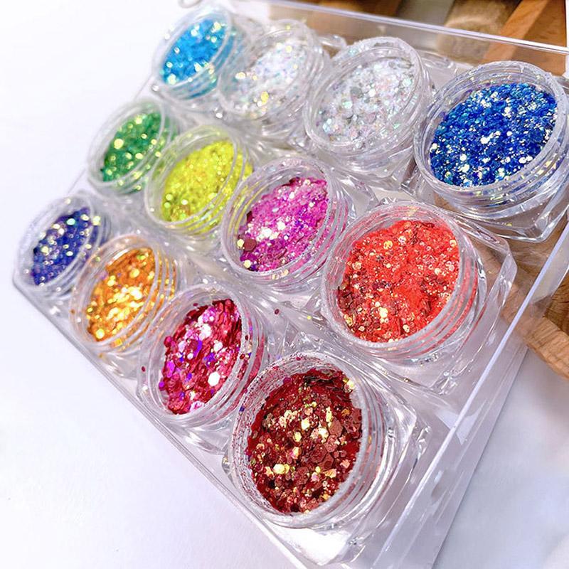 12 цветов/набор смешанных 3D ультратонких блестящих блесток для ногтей DIY хромированная пудра блестящая круглая толстая часть ослепительное украшение для маникюра