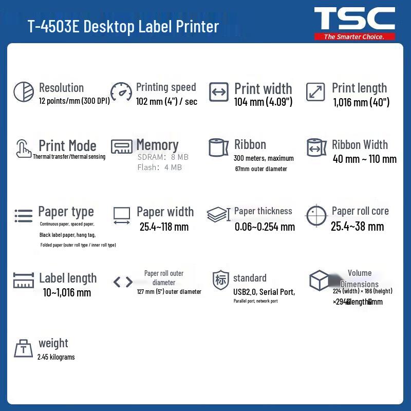 TSC Desktop Thermal Transfer Label Barcode Printer Series CN plug (adapter included)
