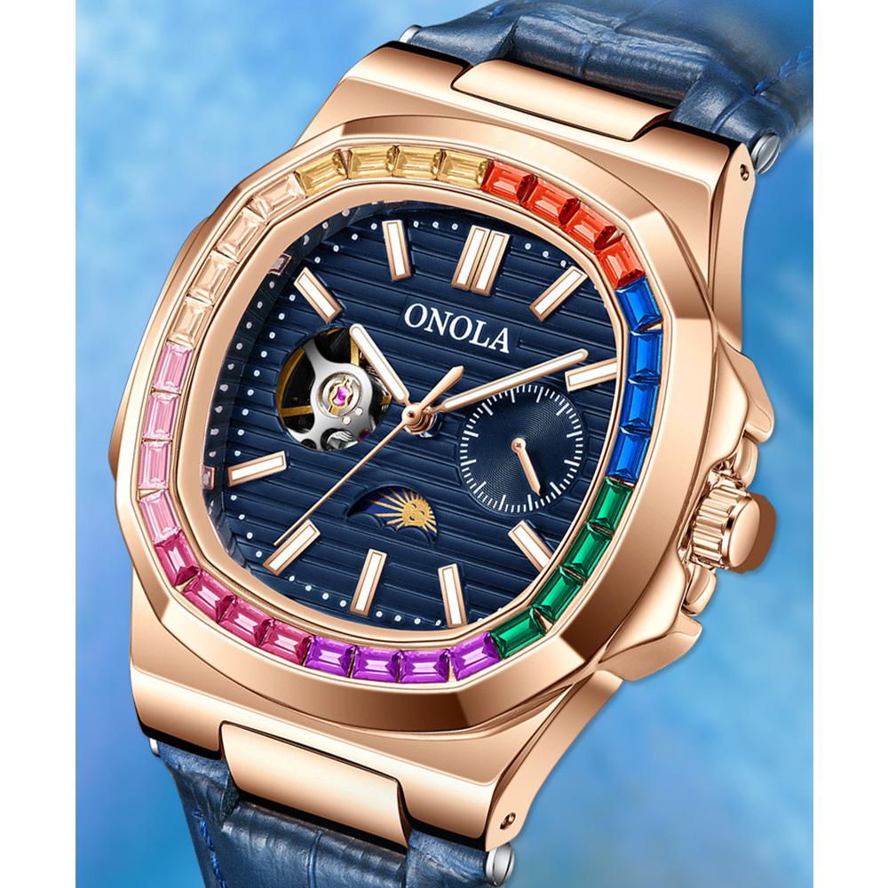 Fashion Colorful Diamond Hollow Wristwatch Automatic Mechanical Men's and Women's Watches Waterproof Leather Watch Men's Clock