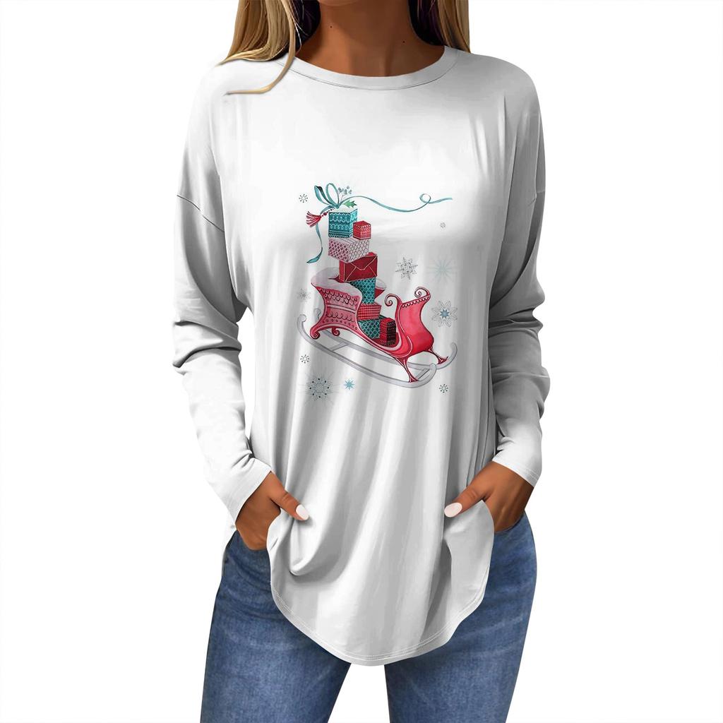 Женская модная повседневная футболка с круглым вырезом и длинным рукавом с рождественским принтом
