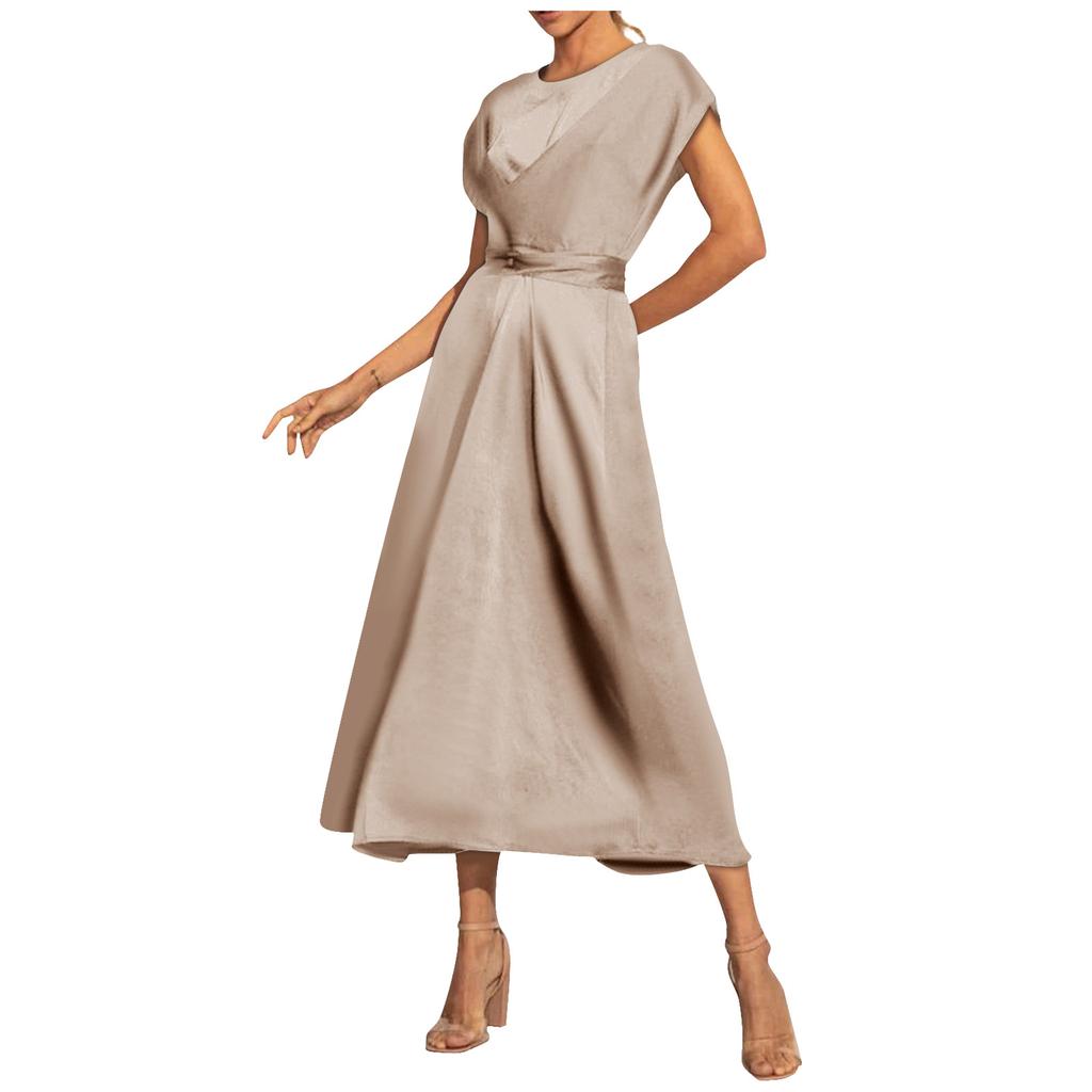 Women's Satin Cap Sleeve Wrap Elegant A-Line Flowy Wedding Guest Formal Maxi Dress
