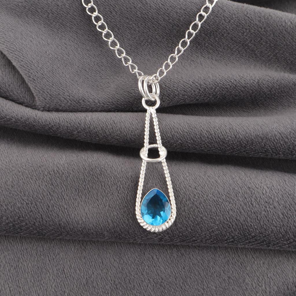 Swiss Blue Topaz Pendant, Handmade Gemstone Pendant, 925 Solid Sterling Silver Pendant Antique Jewelry, For Engagement Gift