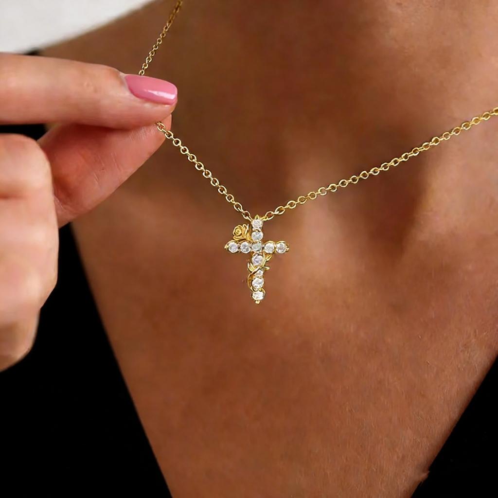 Dainty Crystal Cross Pendant Necklace for Women, Tiny Gold Silver Zircon Choker, Elegant Religious Jewelry Gift