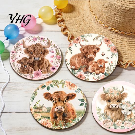 Healing Highland Calf Pattern Gifts Cow Cork Coasters, Cute Floral Farmhouse Drink Mats with Unique Aesthetic Table Settings Non-Slip Base,