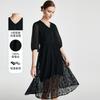 100% mulberry silk] Spring and summer V-neck elegant hollow embroidery loose and slimming silk dress for women