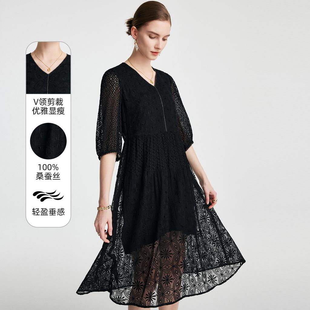 100% mulberry silk] Spring and summer V-neck elegant hollow embroidery loose and slimming silk dress for women