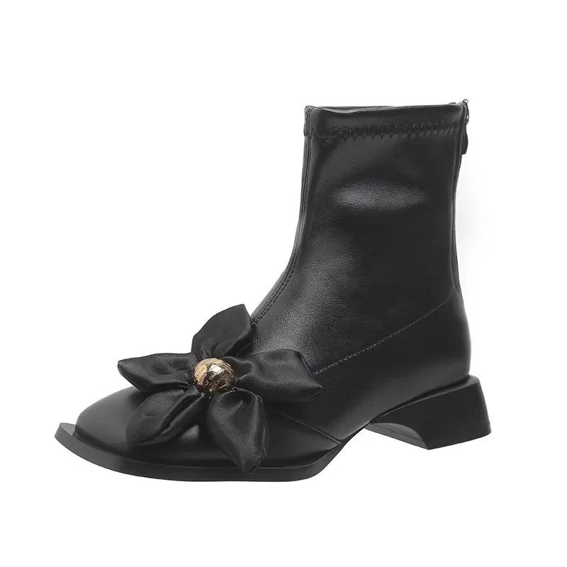 Модная обувь для женщин 2024 года, модные женские ботинки на молнии, зимние, с квадратным носком, с цветами, однотонные, короткие, на толстом каблуке, ботинки Zapatos Mujer