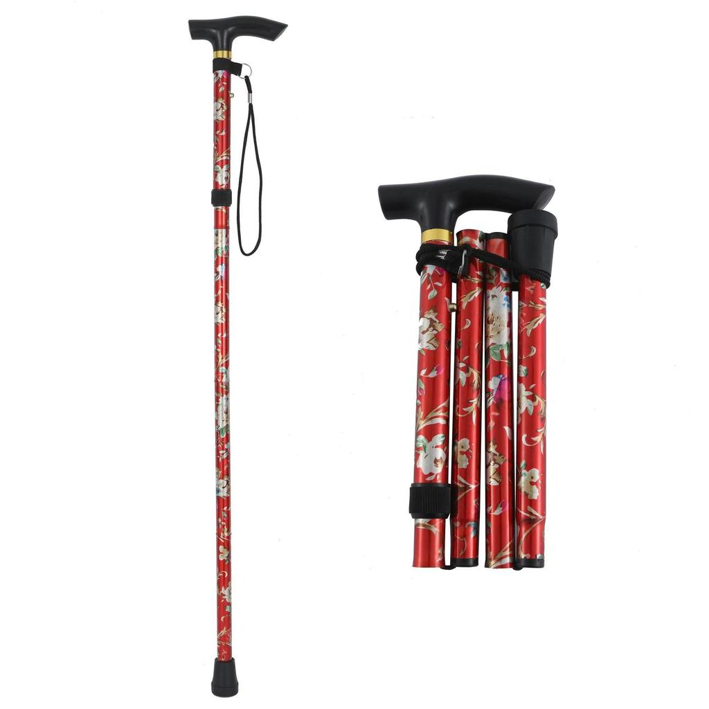 Telescopic Folding Walking Stick for Hiking - Printed Design with Straight Handle for the Elderly.