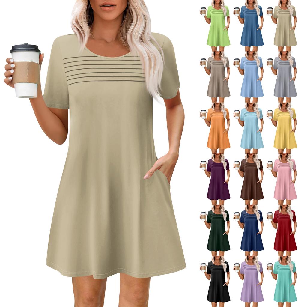 Women's Summer Casual Round Neck Pleated With Pockets Solid Color Short Sleeve Dresses