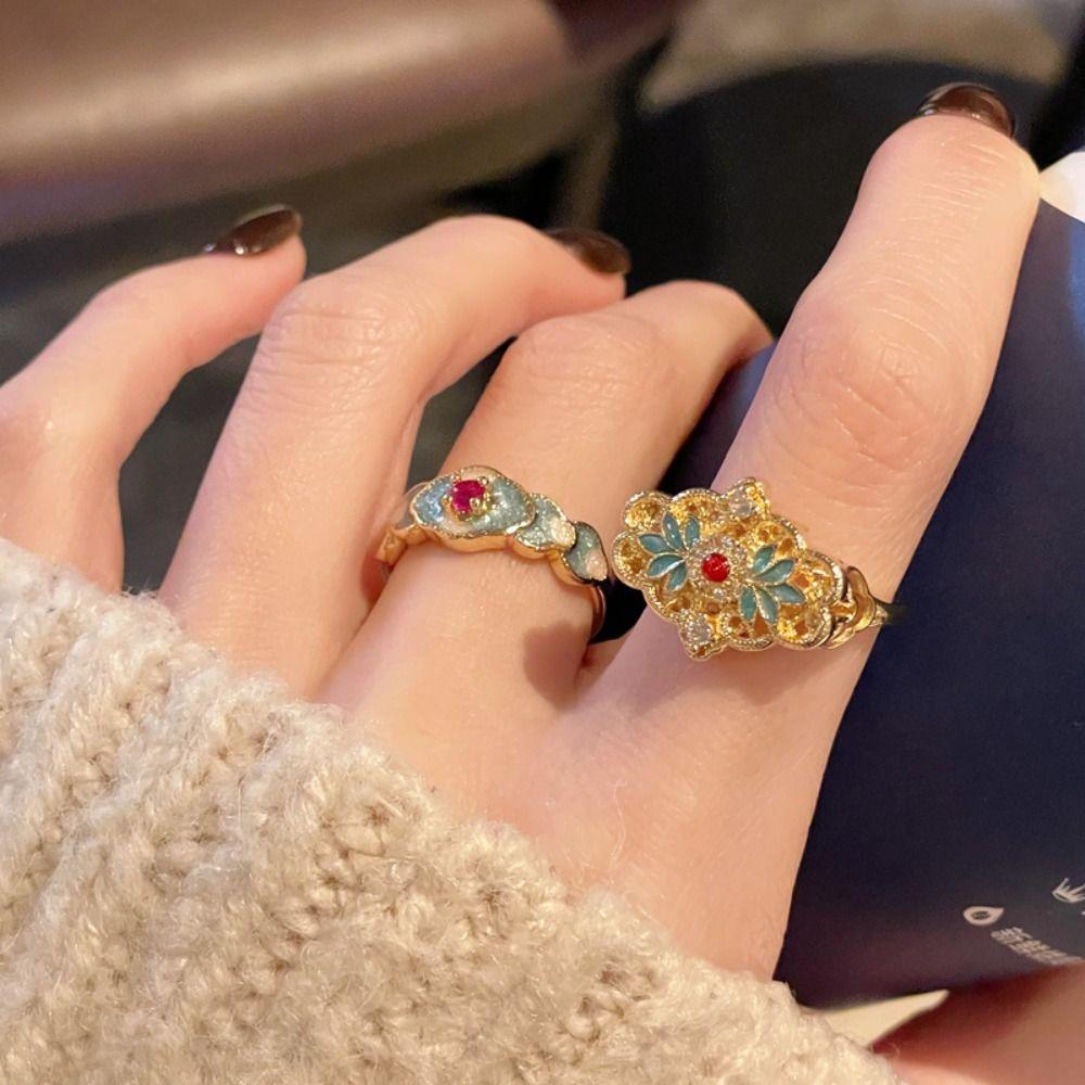 Винтажные открытые кольца в форме тыквы, кольца с цветком в китайском стиле, уникальные эмалевые кольца для пальцев, ципао