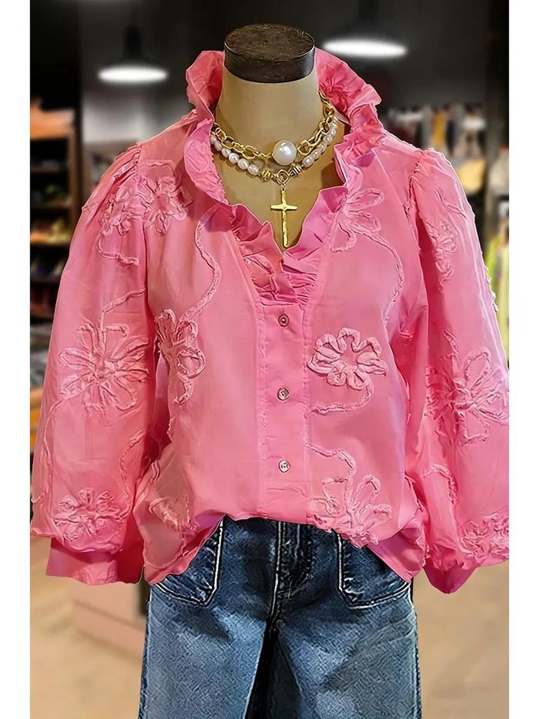 Европейско-американский повседневный женский топ для отдыха с V-образным вырезом, оборками, пышными рукавами и вышивкой