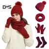 4 Pcs/Set Women Winter Hat Scarf Gloves Socks Set Thick Plush Knitted Warm Cap Touch Screen Gloves Elastic Ear Protection Windproof Winter Outdoor