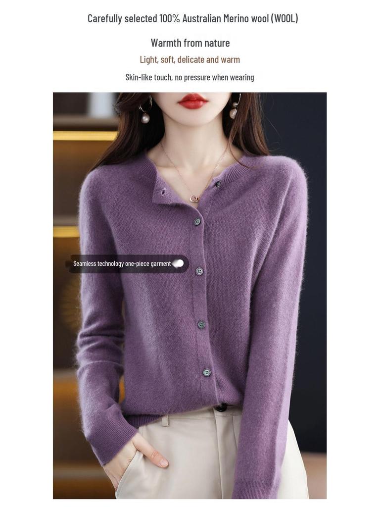 Женский бесшовный кашемировый свитер с круглым вырезом на осень/зиму 2025 - Вязаный кардиган из чистой шерсти премиум-класса