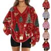 Women's Fashion Casual Long Sleeve Christmas Printed V-Neck Top Sweatshirt