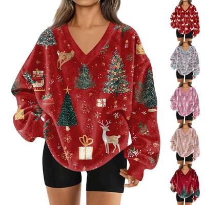 Женская модная повседневная толстовка с длинным рукавом и V-образным вырезом с рождественским принтом