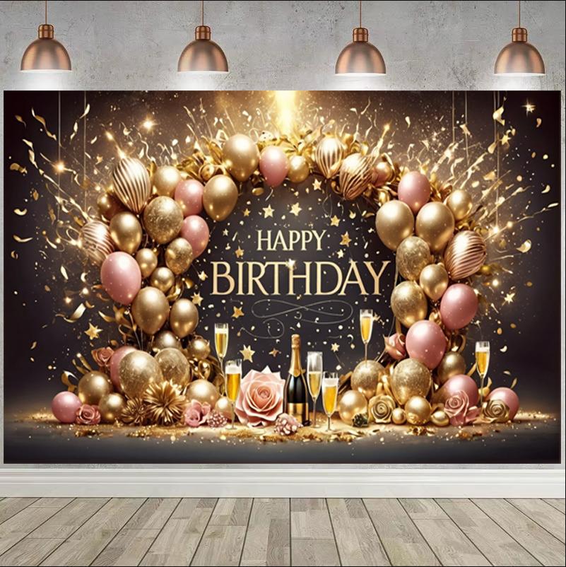 1Pc Happy Birthday Black Gold Balloon Background Wall Photography Mural Wallpaper Suitable for Family Birthday Party Decoration