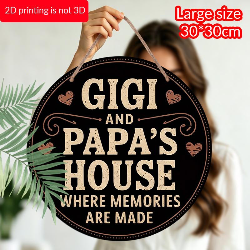 2D Flat, A Vintage "Gigi And Papa'S House" Round Aluminum Sign, Rustic Home And Garden Wall Decor with Heart Accents, Perfect Gift for Grandparents