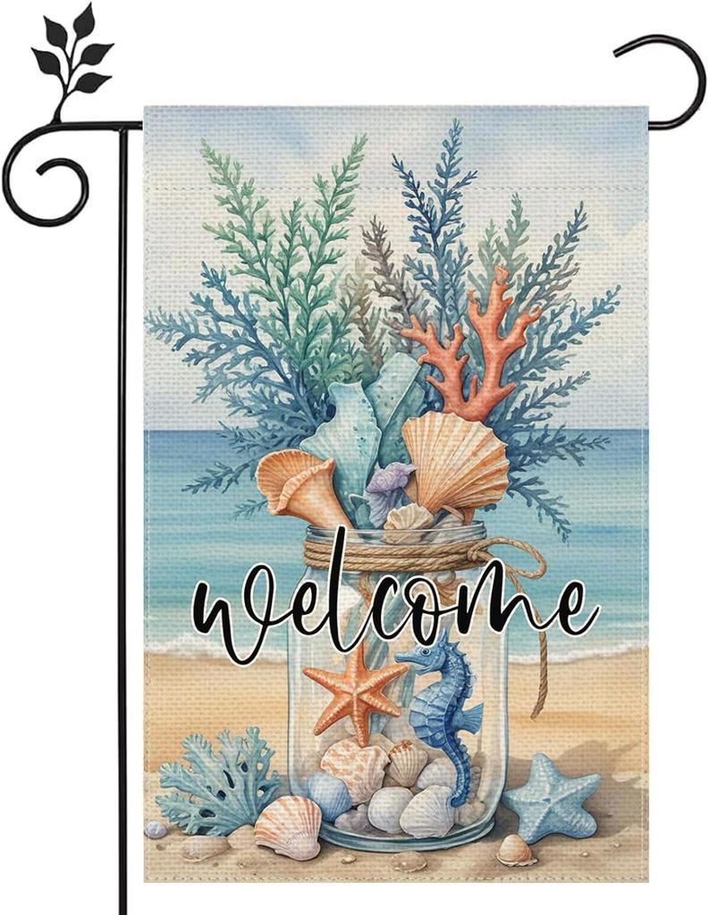 Welcome Summer Beach Seaside Shell Garden ag 12x18 inch Double Sided Burlap Home Outdoor Patio Decor ag PPZ