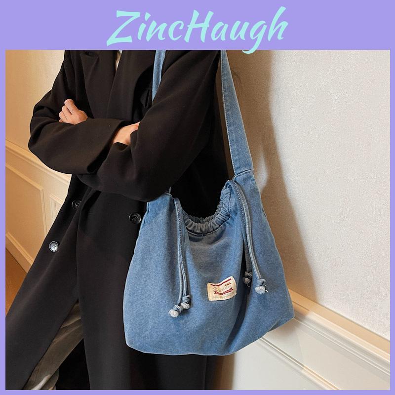 Drawstring Casual Denim Shoulder Bag For Women Soft Material Large Capacity Street Style