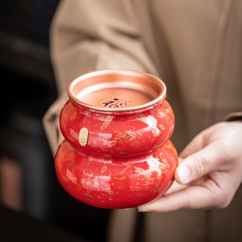 Handmade Copper Gourd-shaped Waste Water Bowl With Lid Lacquered Red/Black Premium Tea Ceremony Accessory Gongfu