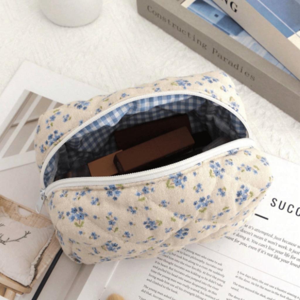 Cute Bow Flower Cloth Handbag Quilting Cotton Makeup Bag Women Zipper Cosmetic Organizer Portable Toiletry Case for Girls