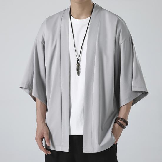 Мужская рубашка-кимоно в японском стиле, однотонный костюм самурая, азиатская одежда, три четверти, кардиган, мужская рубашка-куртка