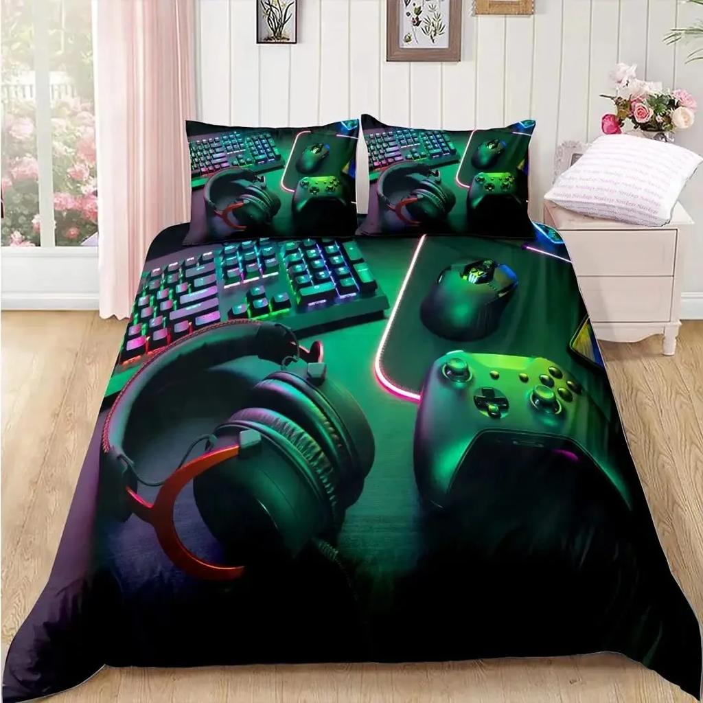 Gamer Duvet Cover Set Rotating Music Comforter Cover Gamepad Gaming Bedding Set for Boys Headphone Bedspreads Cover Queen Size
