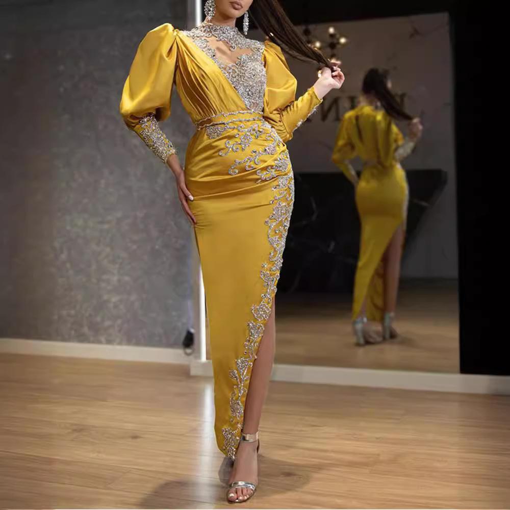 Весна и лето новая европейская и американская женская свадебное платье качающееся сексуальное золотое платье шлейф банкетное вечернее платье