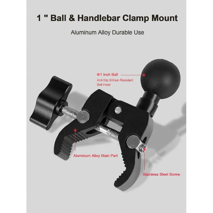 Aluminium Alloy Handlebar Mount Clamp Base With 1" Ball For Rails 0.5" To 2" In Diameter, Versatile Claw Compatible With RAM Mounts B Size Double