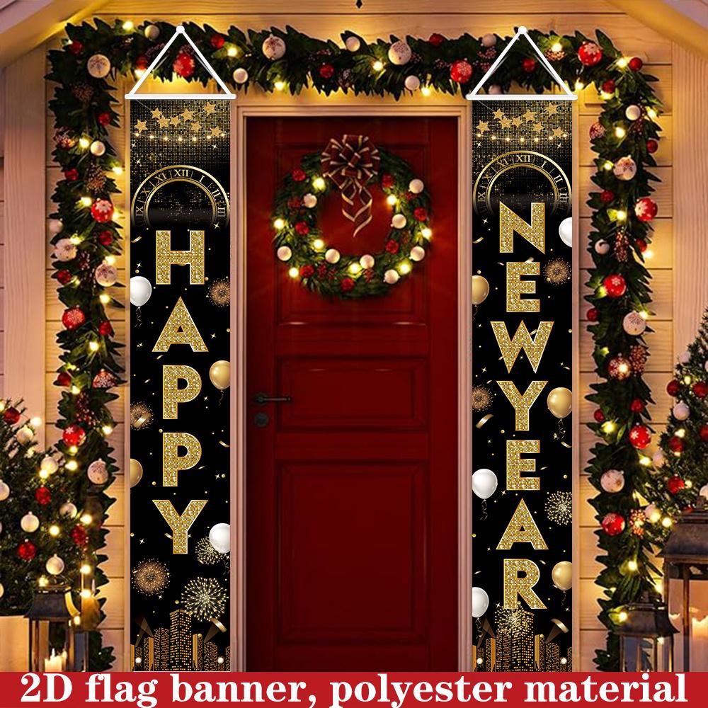 Happy New Year Couplet Banner Golden Black 1 Pair Polyester 180x30cm Indoor Outdoor Decor