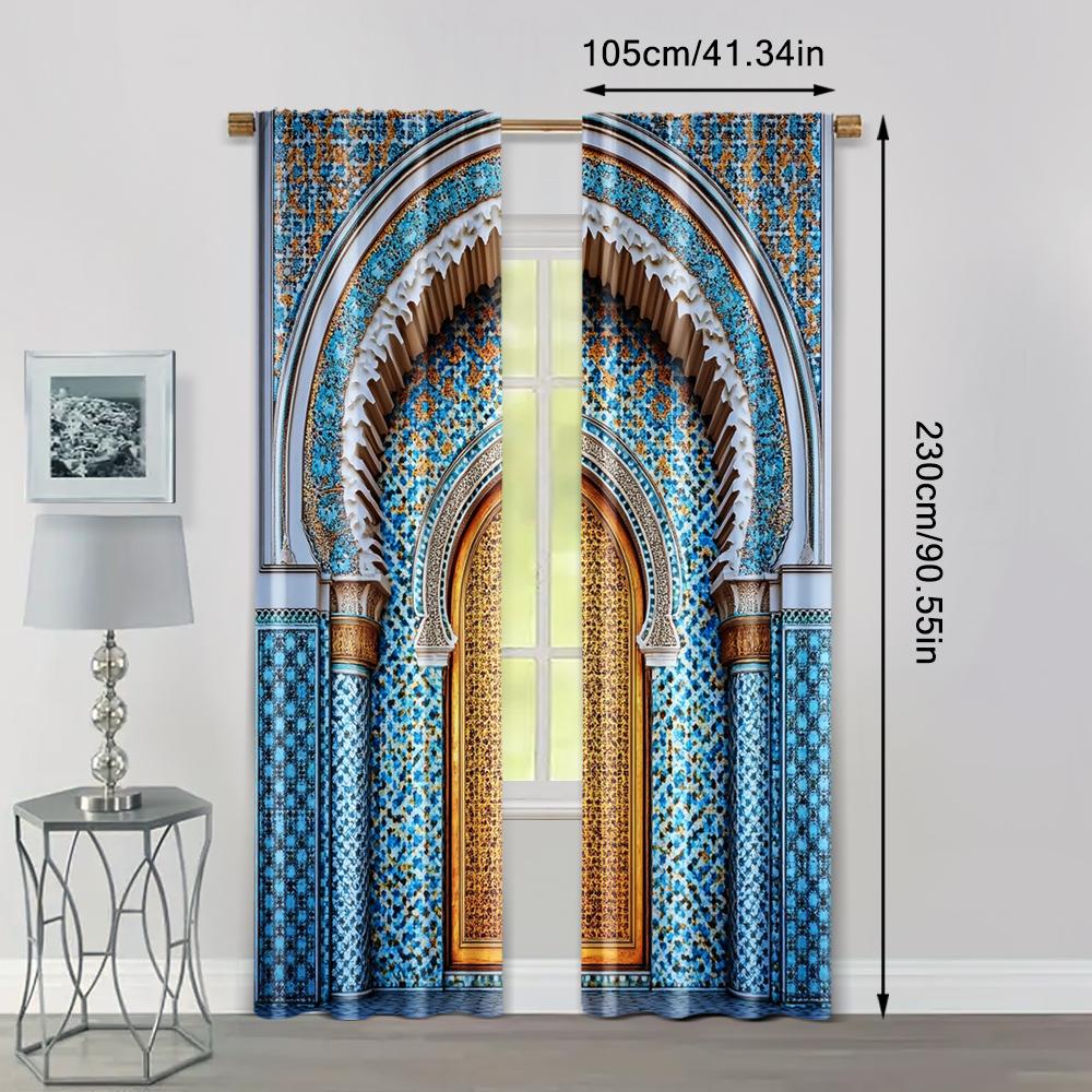 2pc, Curtain Ancient Morocco Palace Door Print Durable Polyester,Without Electricity Versatile Suitable for Multipurpose Event