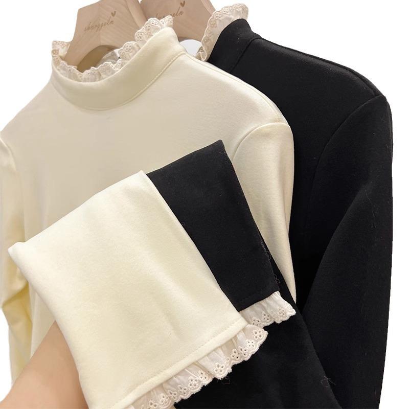 Футболка женская с короткими рукавами из австралийского бархата с кружевом, с полуворотником, осенне-зимняя, тонкая, теплая, внутренняя часть топа