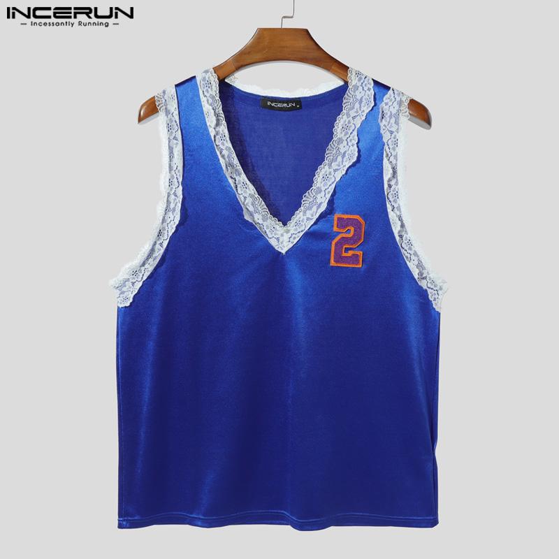 INCERUN Men V Neck Sleeveless Lace Hem Letter Casual Tank Tops Undershirts
