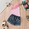 Девочки Асимметричный Топ с Рюшами + Джинсовые Шорты с Принтом Комплект из Двух Предметов