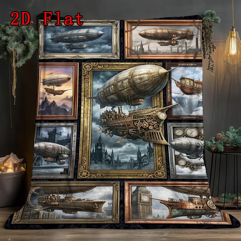 Steampunk Airship Gallery 2D Flat Pattern Flannel Blanket, High quality All Seasons, Home Decor, Warmth and Comfort, Perfect for Christmas Gifts.
