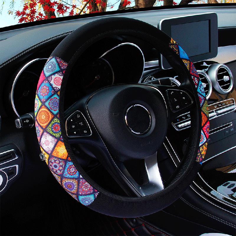 Cherry blossom chrysanthemum check spider web diving fabric printed car without inner ring steering wheel cover 38CM women's