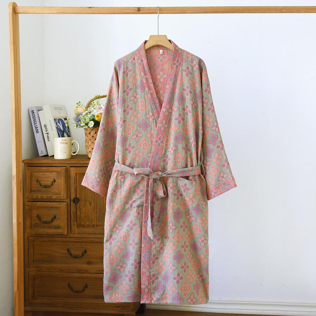 Женская юката из жаккардового хлопка в стиле ретро: Легкая ночная рубашка и пижама в стиле кимоно на весну/осень.
