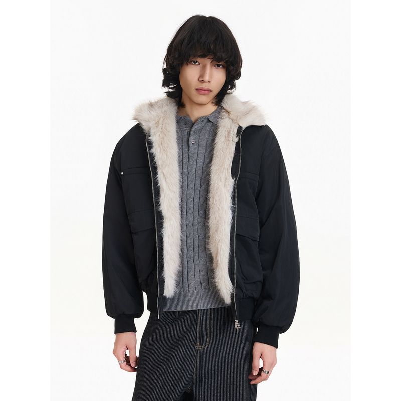 Blaexit American-Style Mountain Carving Fur Collar Parka Short White Cotton Jacket for Men, Winter Thickened Padded Coat for Women